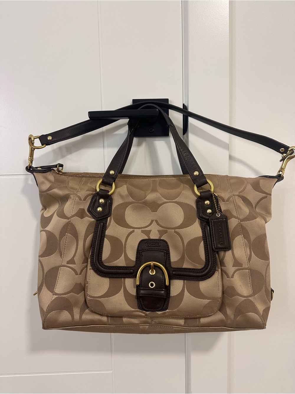 Coach Khaki Signature Canvas Shoulder Tote with Dark Brown Trim